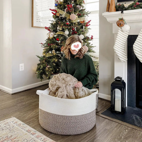 XXL Cotton Rope Blanket Basket with Handles, 21.7 Inches Square, holding blankets, by a Christmas tree, for Living Room Storage