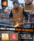 Mens Heavy Duty Flame Retardant Work Vest Insulated For Winter Cold Weather worn by worker during welding, showing mock neck and safety gear.