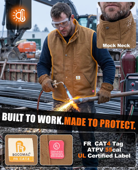Mens Heavy Duty Flame Retardant Work Vest Insulated For Winter Cold Weather worn by worker during welding, showing mock neck and safety gear.