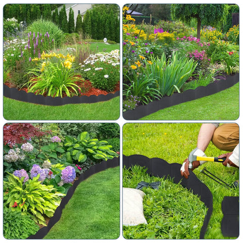 Collage showing installed No Dig Garden Edging Kit 20 Ft Black Landscape Border With 20 Stakes 6 Inch Tall Heavy Duty PP Plastic Edging