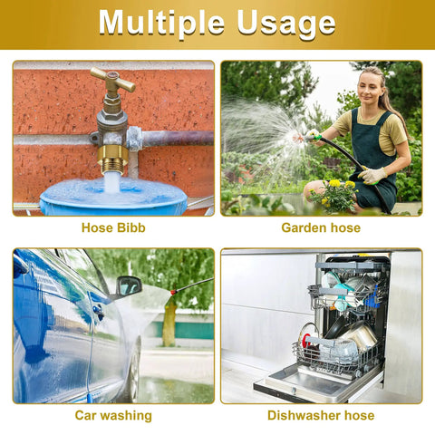 Collage of multiple uses for Brass Hose Bib Adapter One And Sixteenth Inch Fine Thread Female Vacuum Hose Bib, including garden and car washing.