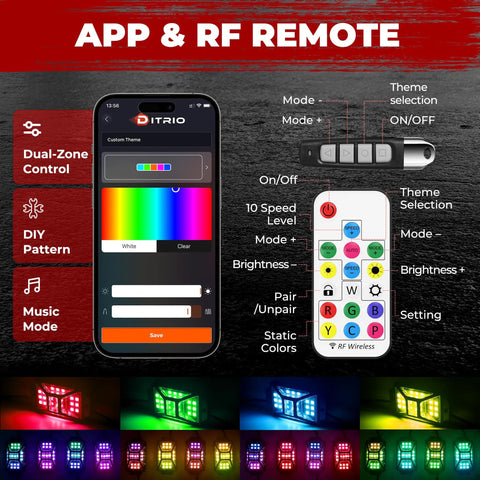 Five Sided RGB Rock Lights Kit app remote control for trucks Jeep UTV SUV ATV golf cart with music mode and brightness settings