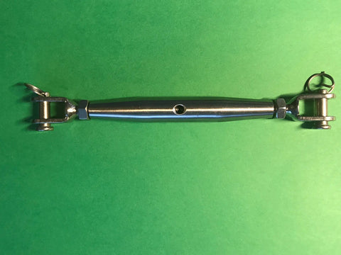 Top Shelf Marine Grade 316 Stainless Steel Turnbuckle Rigging Screw With Jaw To Jaw Ends M6 Quarter Inch viewed from above.