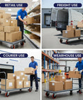 Badass Heavy Duty Flatbed Platform Cart Designed To Crush Retail Loads Featuring A Solid Seventy Two By Thirty Six Inch Deck In Use For Freight.