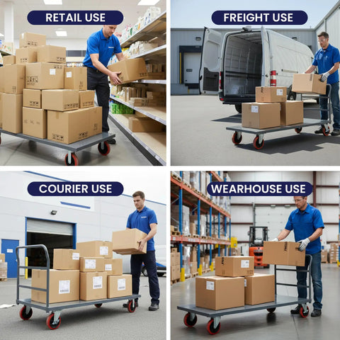 Badass Heavy Duty Flatbed Platform Cart Designed To Crush Retail Loads Featuring A Solid Seventy Two By Thirty Six Inch Deck In Use For Freight.