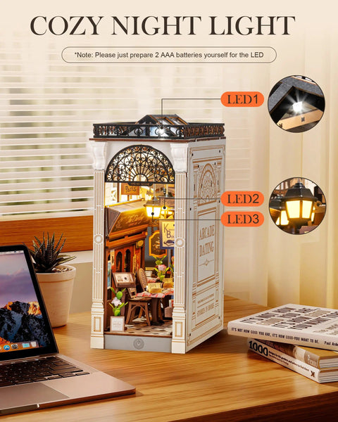 DIY Book Nook Kit European Arcade Street Scene With LED Lighting 3D Wooden Puzzle Miniature House on bookshelf