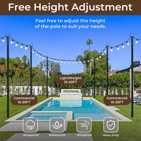 Heavy Duty 10 Foot Outdoor String Light Poles Set Of 6 For Patio Garden And Backyard Metal Pole Stands With Fence Brackets For Hanging Lights Adjustable Height Weatherproof Outdoor Lighting Poles For Festive Decor