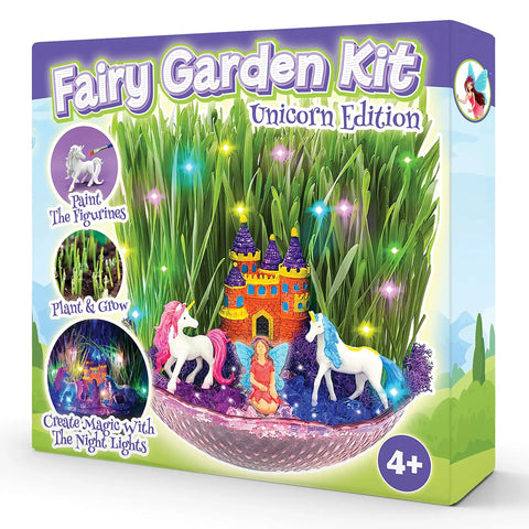 Unicorn Fairy Garden Kit With Light Up Terrarium For Girls Ages 4 To 12, featuring unicorns and castle figures in a glowing terrarium.