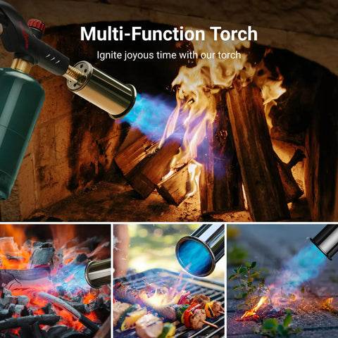 Powerful Propane Kitchen Torch For Searing Steak, Grilling And BBQ, Adjustable Flame in use for lighting campfire and cooking.
