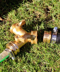 Solid Brass Garden Hose Repair Kit With Stainless Steel Clamps, Male Adapter, Female Swivel Fitting, 5/8 Barb X 3/4 Female, Includes Rubber Gasket And PTFE Seal Tape, Two Sets. Brass hose repair fitting on grass