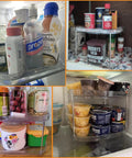 Collage of 2 Tier Pantry Lazy Susan Organizer for kitchen cabinets and pantry storage with jars, spices, and canned goods.