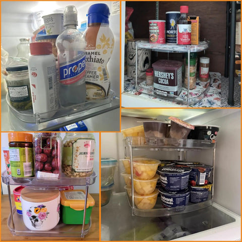 Collage of 2 Tier Pantry Lazy Susan Organizer for kitchen cabinets and pantry storage with jars, spices, and canned goods.