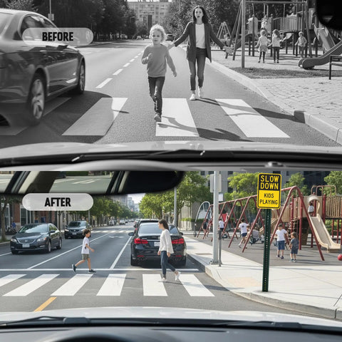 Heavy Duty Slow Down Kids Playing Neighborhood Warning Sign Crafted From Tough 63 Mil Aluminum visible with children crossing street safely.