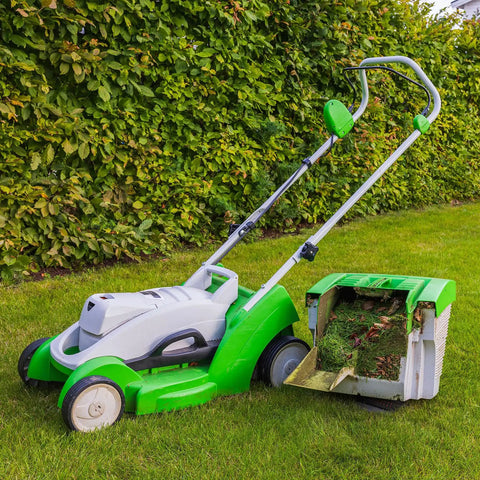Green and white lawn mower with grass catcher on grassy lawn next to green hedge.