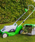 Lawn mower with grass catcher in a garden, used for heavy-duty drive in motors, lawn equipment, and machinery.