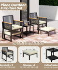 Chill Outdoor 5 Piece Wicker Rattan Conversation Set with Armchairs, Ottomans, Dual Layer Side Table, Acacia Wood Armrests