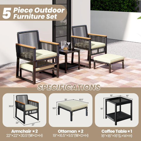 Chill Outdoor 5 Piece Wicker Rattan Conversation Set with Armchairs, Ottomans, Dual Layer Side Table, Acacia Wood Armrests