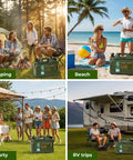 Collage of 5 Gallon Water Jug for Camping and Outdoors at beach, camping, RV, and party settings with people enjoying activities.