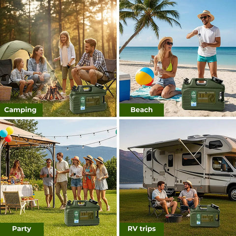 Collage of 5 Gallon Water Jug for Camping and Outdoors at beach, camping, RV, and party settings with people enjoying activities.