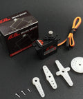Two Pack 9g Micro RC Servo Motors, Digital Metal Gear, Mini Servo For RC Helicopter Airplane Car with accessories displayed