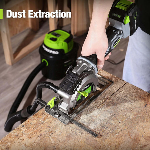 WORKPRO 20V cordless mini circular saw cutting OSB board; laser guide visible; green accents.