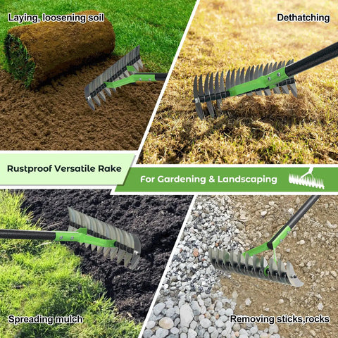 Double Sided Lawn Thatch Rake, 51 Inch Heavy Duty Metal Rake With 21 Teeth loosening soil, dethatching, and spreading mulch