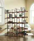 5 Tier Industrial Bookcase With Black Metal Frame Brown Finish Space Saving Storage Organizer For Bedroom Living Room Study Home Office Vintage Vibe Bookshelf To Tidy Your Space Measures 70.9 X 10.2 X 70.7 Inches in living room with decor