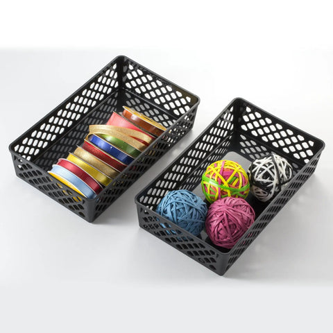 Pack Of Two Large Office And Home Storage Baskets For Catch All Supplies, durable compact organizer bins, black, 10 by 6 by 3 inches