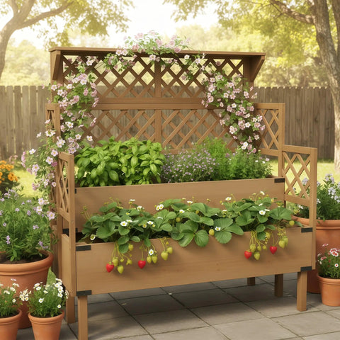 Two Tier Raised Garden Bed With Trellis And Top Shelf For Patio Or Balcony, Outdoor Elevated Planter Box With Dual Planting Areas