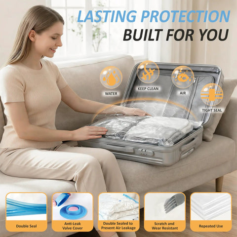 Woman using Rechargeable Cordless Vacuum Storage Bags With USB Pump for Travel Space Saving Luggage Bags for Clothes.