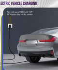 Electric vehicle charging with NEMA 10-30P plug paired to EV, rear view of parked car and charging outlet on wall