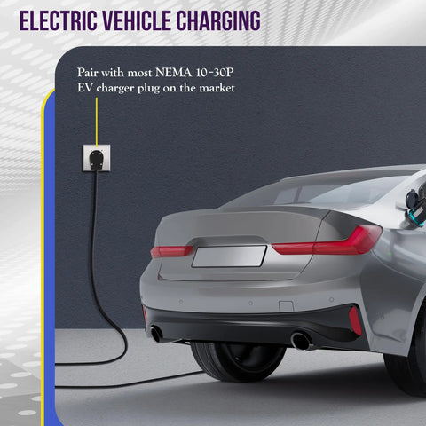 Electric vehicle charging with NEMA 10-30P plug paired to EV, rear view of parked car and charging outlet on wall