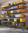 Heavy Duty Six Tier Rolling Storage Shelves With Industrial Swivel Wheels For Garage Organization And Vertical Shelving Setup featuring tools and bins