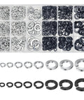 Split lock washer kit in clear organizer box, stainless steel 304 and black oxide, sizes #4–#12 (1/4–1/2).