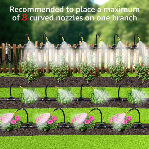 100 Ft One Quarter Inch Drip Irrigation System Kit With 16 Adjustable Copper Nozzles setup on garden with misting action
