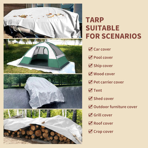 12x20 White Tarp Waterproof 7.5 Mil Medium Duty All Purpose Poly Tarps Cover used for various outdoor scenarios