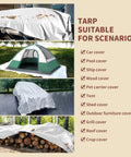 Heavy Duty White Tarp 20x30 Waterproof 7.5 Mil All Purpose Poly Tarps Cover Snow Proof UV Protection displayed in various uses