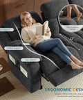 Woman relaxing on Electric Recliner Sofa Couch With Power Recline, 3 Seater Loveseat In Plush Chenille, adjustable backrest, cozy gray.
