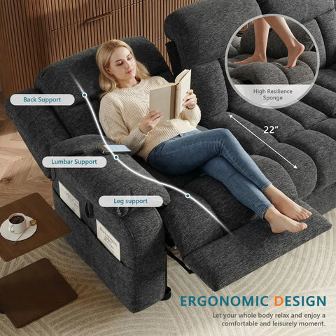 Woman relaxing on Electric Recliner Sofa Couch With Power Recline, 3 Seater Loveseat In Plush Chenille, adjustable backrest, cozy gray.