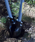 Post Hole Digger With 48 Inch Fiberglass Handle, Atlas Pattern Steel Point For Easy Holes in use, digging soil in a garden