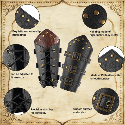 Renaissance Knight Costume Kit with leather arm bracers featuring metal rings and adjustable straps for Halloween dress-up.