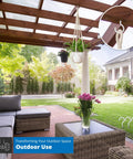 Outdoor patio with Heavy Duty Ceiling Hooks Set Of 12 2.9 Inch Vinyl Coated Hooks for hanging plants, close-up detail inset.