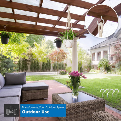 Outdoor patio with Heavy Duty Ceiling Hooks Set Of 12 2.9 Inch Vinyl Coated Hooks for hanging plants, close-up detail inset.