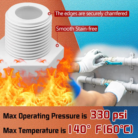 10Pcs White PVC Pipe Fittings 1/2 NPT Male Thread Adapters with flame design, secure chamfered edges, and pressure-temp details