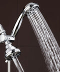 Total Chrome High Pressure Three Way Shower Head And Handheld Combo With Rain Setting showing dual water flow, chrome finish.