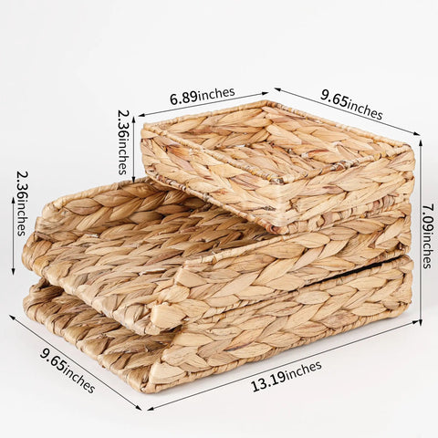 Water Hyacinth Paper Tray Organizer 3 Piece Desk Set For Home Office Open Front Mail Sorting Trays Active File Storage And Woven Basket For Pens Keys And Everyday Essentials Easy No Fuss Desk Organization with visible dimensions.