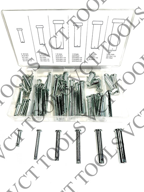 60 Piece Clevis Pin Set With Head For Tractor Hitch In Storage Case Includes Pins With One Eighth Inch And Thirty Second Inch Holes And Five Thirty Second Inch Length Pins From One Inch Up To Two And Three Quarters Inches 21 Sizes in open case