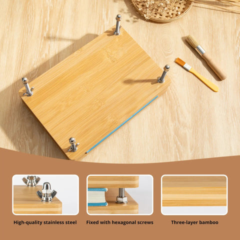 50 Piece Book Binding Kit For Newbies Complete DIY Set book press, handles, screws, and bamboo surface shown on table