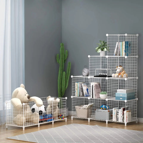 White Premium Wire Cube Storage Organizer For Home And Garage Four Cube Shelving Unit holding books, toys, with a stuffed bear.