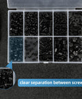Top view of 400Pcs Computer Screws Assortment Kit with screwdriver and standoffs in a divided storage box.